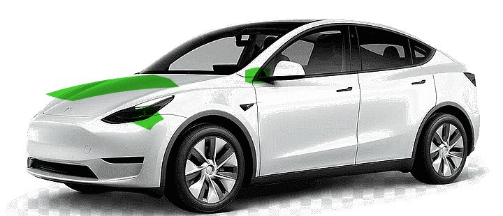 Coverage diagram: partial hood, fender tips, and mirror caps highlighted