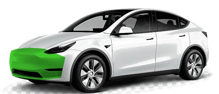 Coverage diagram: full front bumper highlighted