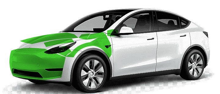 Coverage diagram: full hood, full fenders, bumper, headlights, mirrors, and pillars highlighted