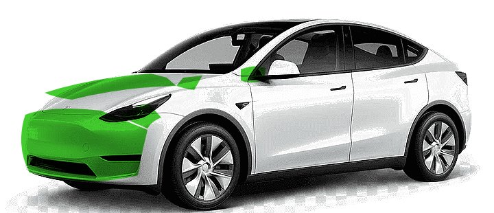 Coverage diagram: front bumper, partial hood, partial fenders, and mirrors highlighted
