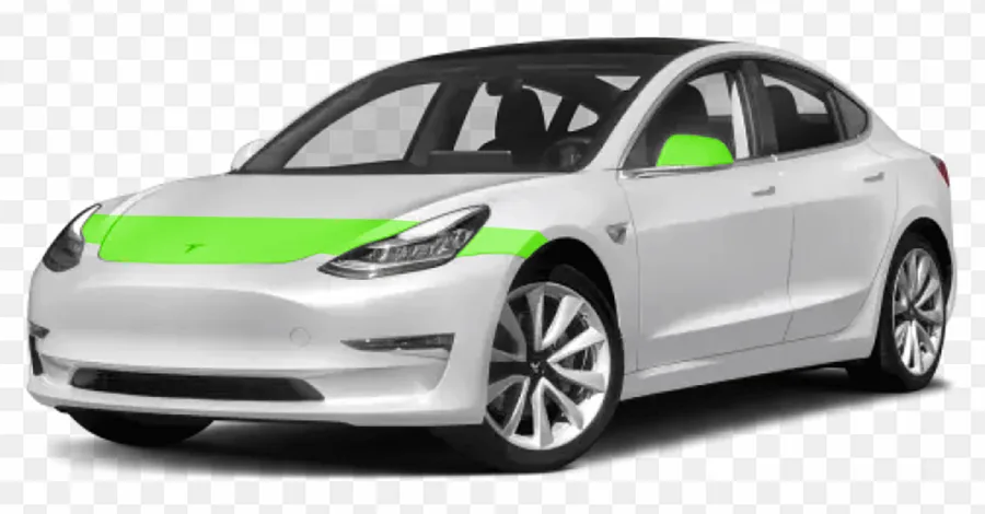 Basic Dealer PPF package — Tesla with partial hood, fender tips, and mirror caps highlighted in green