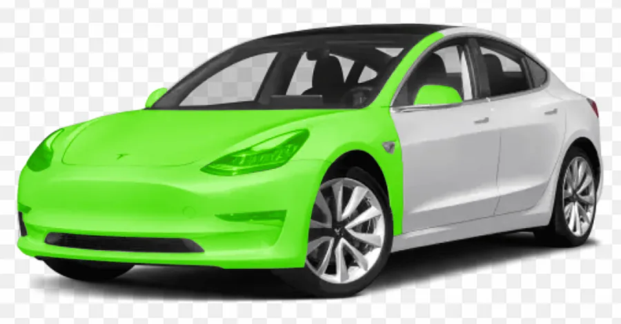 Full Front End PPF package — Tesla with full hood, full fenders, bumper, headlights, and mirrors highlighted in green