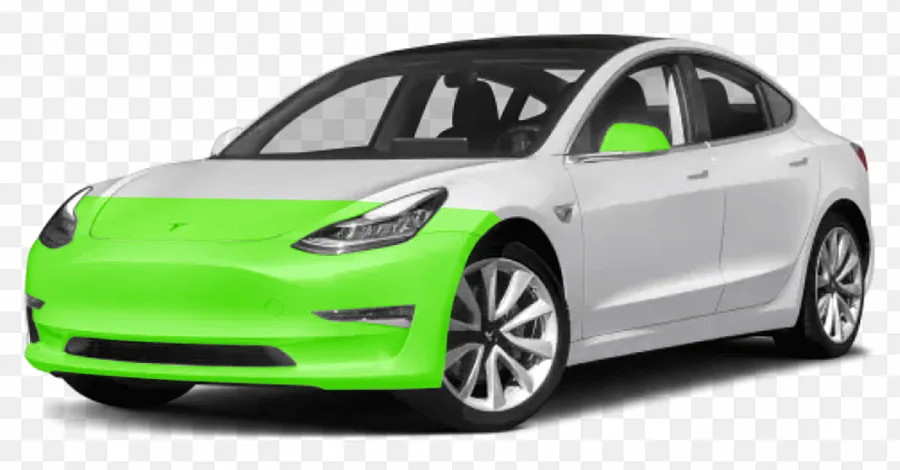 Partial Front PPF package — Tesla with front bumper, partial hood, partial fenders, and mirrors highlighted in green